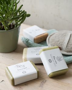 three soap bars sitting on top of a wooden table next to a potted plant