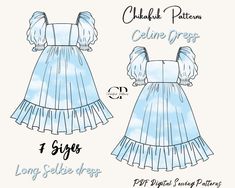 the front and back view of a dress with ruffled sleeves, pleaed skirt and collar