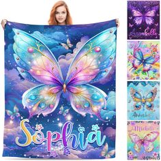 a woman holding up a purple and blue butterfly blanket with the words, sophiia on