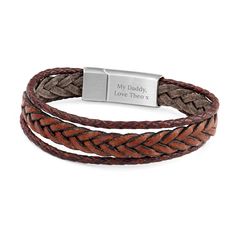 Make his day, seize the moment, and gift that special man in your life a beautiful accessory that encapsulates style, symbolism, and the promise of good fortune with our luxury personalised men’s brown rune woven bracelet. At home in both casual and formal settings, this versatile piece of men’s jewellery will make a wonderful Valentine’s or Anniversary gift for your partner or ultra-meaningful birthday or Christmas gift for any gentleman with a sophisticated sense of style. Personalise his bracelet with a personal message - this will appear on the inside of his bracelet, whilst the runes will be placed on the outside. Both will be meticulously engraved by our fantastic team of creative specialists who’ll produce a sensational present of real sentimental value to the recipient. Its earth b Leather Bracelets For Men, Layered Bracelet, Bracelets With Meaning, Brown Leather Bracelet, Man Weave, Woven Bracelet, Stylish Bracelet, Woven Bracelets, Leather Weaving