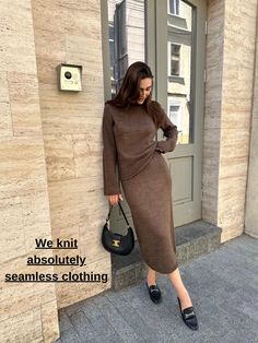 The seamless knitted suit is a unique combination of comfort and style. Thanks to the seamless technology, the suit fits perfectly to the figure, providing freedom of movement and pleasant tactile sensations. This suit is not only comfortable to wear, but also looks elegant, emphasizing the natural lines of the body. A Line Suit, Brown Knit Dress, Style Midi Skirt, Seamless Knitting, Knitted Skirt, Knitted Suit, Womens Sweater, Mass Production, Women's Costumes