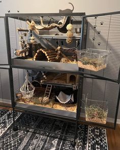 an animal cage filled with animals inside of it's cages on top of a rug