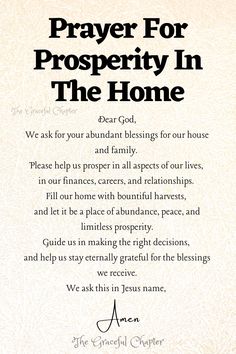 a prayer card with the words, prayer for prosperity in the home and an image of a