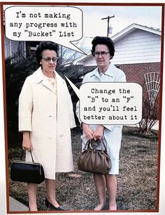 two women standing next to each other in front of a house with speech bubbles above them