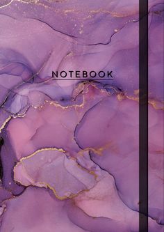 an abstract purple and gold marble background with the word notebook written in black on it