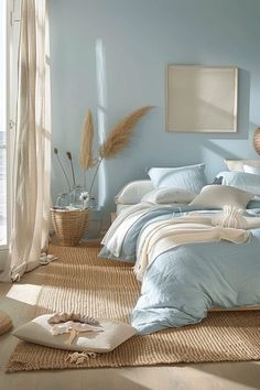 a bed room with a neatly made bed next to a window and a rug on the floor