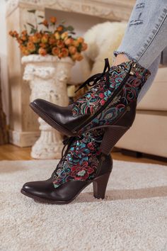 Go for statement style in these patterned leather ankle boots featuring a convenient zip closure along the side. The floral embroidered pattern brings you the most elegant look. 1.57" heel 4.8" shaft 9.8'' circumference Lace-up Leather upper Leather lining Leather midsole Leather insole Rubber sole Embroidered Boots, Reindeer Headband, Embroidered Leather, Gorgeous Shoes, Fabulous Shoes, Dress Jewelry, Trendy Accessories, Leather Booties, Leather Ankle Boots