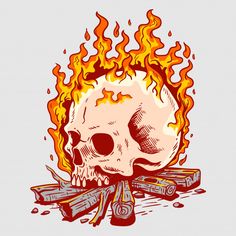 a skull with flames on its head and some logs in the foreground, as if it were burning