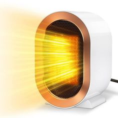 an electric heater with yellow light coming out of it's back end and on the side