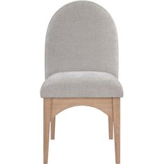 an upholstered dining chair with a wooden frame and backrest, in light grey fabric