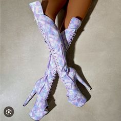 Never Worn! Limited Edition Hella Heels Over The Knee, Open Toe, Purple Fairy Cloud Boots! These Are So Cute!!! They Sparkle & Give Unicorn Fairy Vibes! 8” Heel, Size 8! Pole Floorwork, Pastel Fairy, Unicorn Fairy, Purple Fairy, Fairy Shoes, Open Toe Boots, Cloud Pattern, Clouds Pattern, Blue Clouds