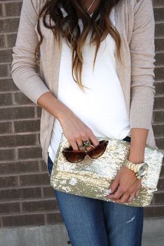 Pinned by Pinafore Chrome Extension Bag Jeans Outfit, Bag Jeans, Nude Tops, Glitter Bag, Sequin Clutch, Hello Ladies, Pink Ties, Red Coat, Silk Pants