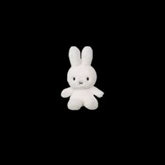 a small white stuffed animal sitting in the middle of a black background with one eye open