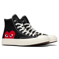 Comme Does Garons Play Converse Black With Off White Soles And Red Heart Size: Mens 5.5 / Womens 7 *Comes With Box Worn A Few Times, I’m Sure Someone Else Will Get More Use Out Of These Than Me Black Converse With Heart, Converse Cdg High, Converse Heart Shoes, Cdg Shoes, Comes Des Garcons, Commes Des Garcons Converse, Come Des Garcons, Zapatillas All Star, Heart Converse