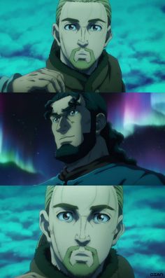 two men with green hair and blue eyes, one is staring at the camera while the other