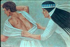 a painting of an egyptian woman holding another woman's back