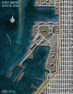 a map of fort brewer naval base in the middle of an ocean with buildings on it