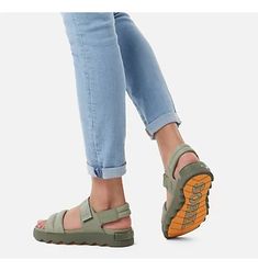 Women's Flat Sandals & Slides | SOREL Green Casual Sandals With Adjustable Straps, Green Double Strap Casual Sandals, Modern Open Toe Sandals For Outdoor, Modern Open Toe Outdoor Sandals, Sorel Sandals Outfit, Waterproof Boots Winter, Sorel Sandals, Moc Toe Boots, Modern Sandals