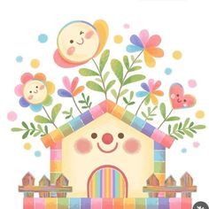 a birdhouse with flowers and birds on it's roof is featured in this colorful illustration