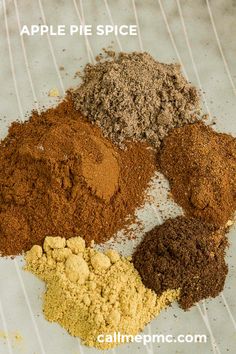 four different types of spices are on a wire rack with the words apple pie spice