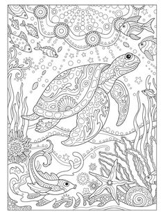 an adult coloring book with sea animals and fish in the ocean, surrounded by corals