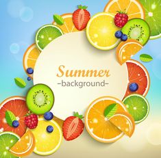 fresh fruit background with place for text in the center and berries, oranges, kiwi