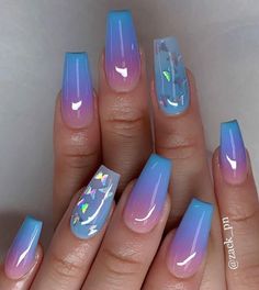 Blue Ombre Nails, Blue Acrylic Nails, Ombre Acrylic Nails, Summer Acrylic Nails, Coffin Nails Designs, Fire Nails, Pretty Acrylic Nails, Short Acrylic Nails, Nail Arts