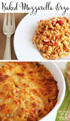 baked macaroni and cheese casserole is shown in this collage with the title