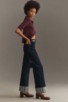 Denim, decoded: This fall, we’re digging denim in every corner of our closet – like Trixie by Joe's Jeans, featuring a high-rise, wide-leg, and 4" wide cuffs that are tacked at the seams. | Trixie High-Rise Wide-Leg Jeans by Joe's Jeans in Blue, Women's, Size: 25, Polyester/Cotton/Elastane at Anthropologie Afro Chic Fashion, Cuffed Jeans Outfit, Vintage Modern Style, High Rise Wide Leg Jeans, Jean Crafts, Cuffed Jeans, Wide Cuff, Chic Fashion, Joes Jeans