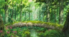 a painting of a bridge in the middle of a forest filled with trees and flowers