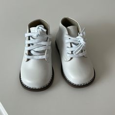 Size 3 Infant Never Worn - My Son’s Feet Were Too Chubby To Fit Casual White High-top Leather Shoes, White Casual Boots With Rubber Sole, Casual White Boots With Rubber Sole, White High-top Booties With Soft Sole, White Leather Shoes With Stitched Sole And Round Toe, White Leather Shoes With Stitched Sole, White Lace-up Booties With Soft Sole, White Leather Shoes With Plain Toe For Spring, Classic White Leather Shoes For Spring