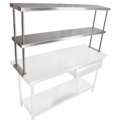 stainless steel shelving unit with two shelves and one shelf on each side, in front of a white background