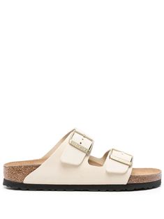 ecru leather round open toe logo-engraved buckle-strap fastening branded cork footbed flat sole slip-on style Brikenstoke Sandal, Birkin Stocks Sandals, Burken Stocks, Tony Burch, Birkenstock Sandals Women, White Birkenstocks, Sandals Birkenstock, Birkenstock Sandals Arizona, Two Strap Sandals