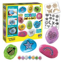 the craft kit includes rocks and stickers for kids to make their own designs with