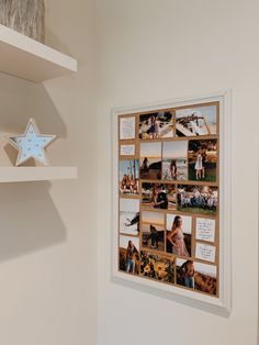 a star hanging on the wall next to a white shelf with pictures and words written on it