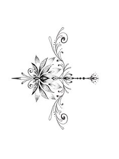 a black and white drawing of a flower with an arrow on it's side