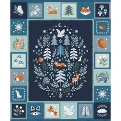 a blue and white rug with animals in the woods