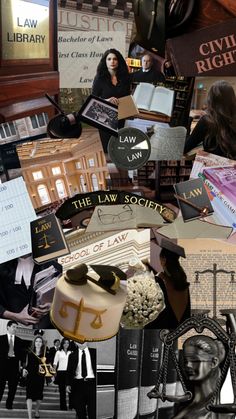 collage of law related images including books, pictures, and photoshopped people