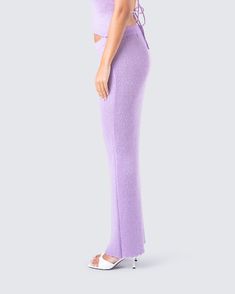 Wrap yourself in lavender dreams with this mid-rise knit maxi skirt ✨ Blending cozy comfort, and irresistible charm in a way that is perfect for any occasion 💜 Chic Knit Long Skirt, Elegant Long Knit Skirt, Chic Maxi Skirt For Loungewear, Knit Skirt For Spring Loungewear, Chic Loungewear Maxi Skirt, Chic Fitted Purple Maxi Skirt, White Corset Dress, Rhinestone Top, Knit Maxi Skirt