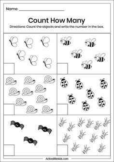 counting worksheet for children to count the number in the box, including ladybugs