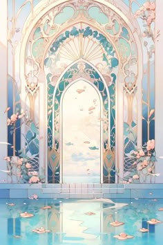 an artistic painting of a blue and white arch with flowers on the ground in front of it