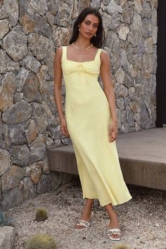 Lemon Squeeze Maxi Dress Yellow | Fortunate One Lemon Yellow Outfit, Plunge Neck Maxi Dress, Knit Maxi Skirt, Strapless Maxi, Strapless Maxi Dress, Dress Yellow, Lace Corset, White Sandals, How To Squeeze Lemons