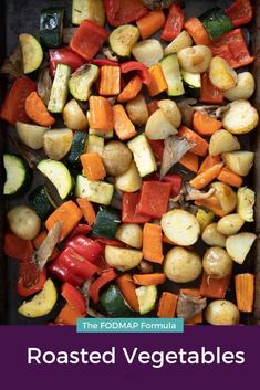 roasted veggies in a baking pan with text overlay