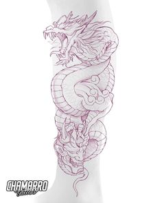 a dragon tattoo on the leg of a person's leg, with purple ink