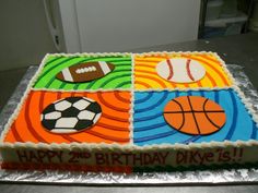 a birthday cake decorated with different sports items