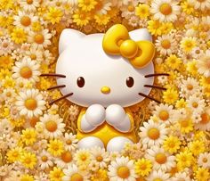 a painting of a hello kitty surrounded by daisies