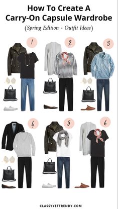 How To Create A Carry-On Capsule Wardrobe (Spring Edition) + Outfits - Classy Yet Trendy Spring Travel Capsule, Winter Backpacking, Packing Wardrobe, Capsule Wardrobe Casual, Capsule Wardrobe Women, Classy Yet Trendy, Shoes Hiking, Spring Travel, Capsule Wardrobe Outfits