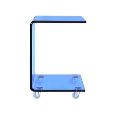 a blue glass shelf with wheels on it