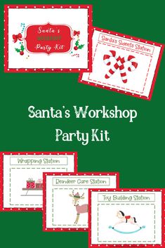 santa's workshop party kit with pictures and instructions to make it look like christmas decorations