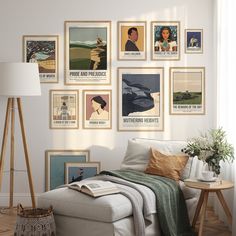 a living room filled with furniture and lots of pictures on the wall above it's bed